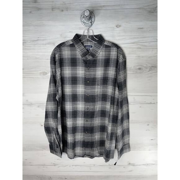 Club Room Shirt Mens Extra Large Black Gray Plaid Button Up Long Sleeve Stretch - Picture 1 of 10